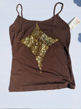 Women's Gold Sequin Starpoint Spaghetti Strap Brown Tank Top